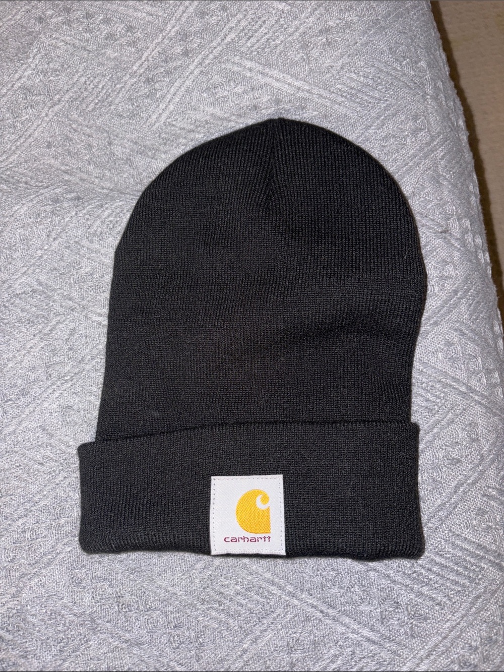 Carhartt Black Knit Cuffed Beanie with Yellow Logo Patch